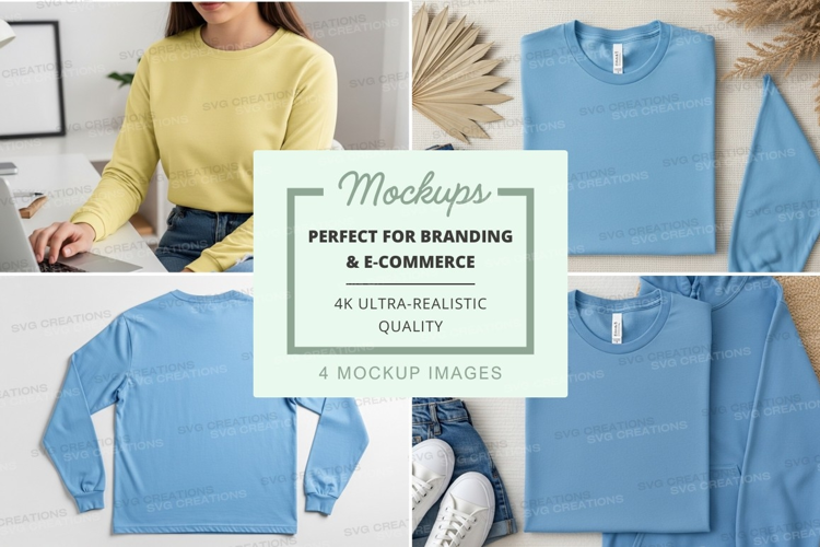 Women's blue sweatshirt mockup on jeans lifestyle flat lay