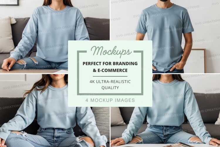 Woman in blue sweater mockup on couch lifestyle scene example image 1