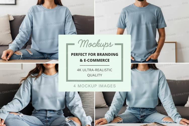 Woman in blue sweater mockup on couch lifestyle scene