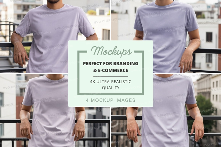 Man in gray t-shirt and shorts mockup urban balcony