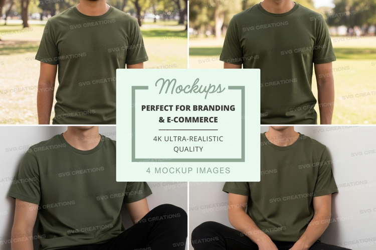 Man green t-shirt mockup front back view outdoor