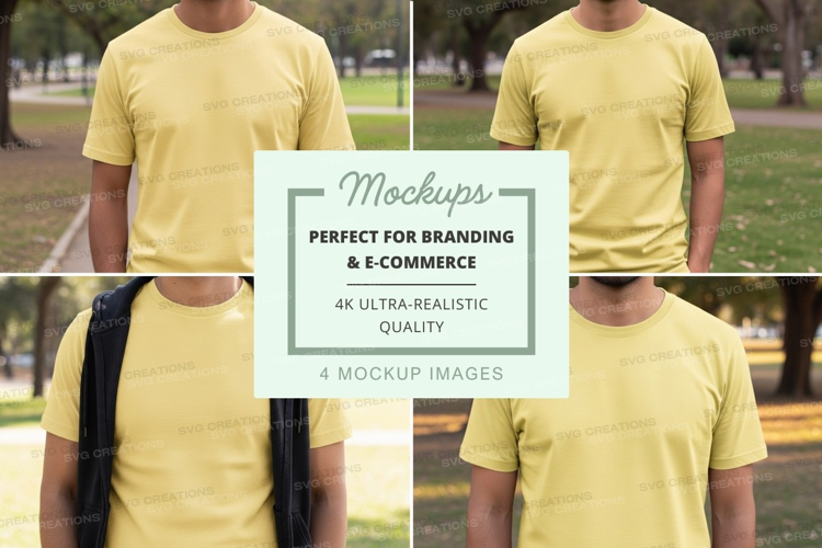 Man yellow t-shirt mockup front back view park