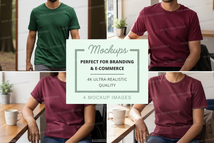 Man in maroon t-shirt mockup indoor lifestyle scene