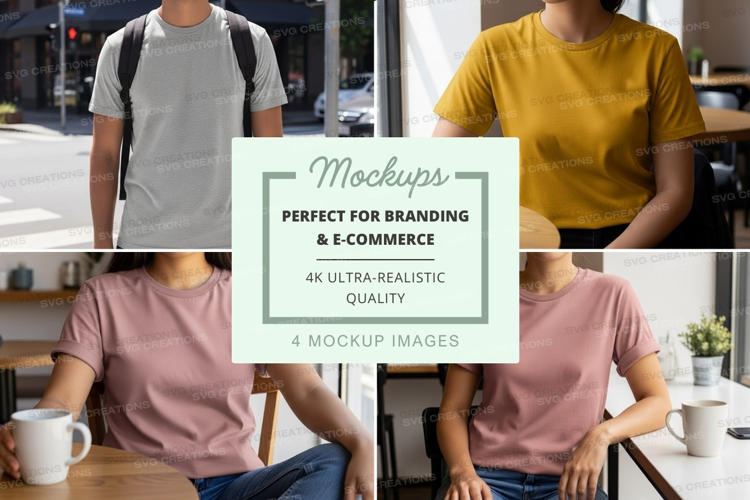 Woman t-shirt mockup casual lifestyle kitchen coffee minimal