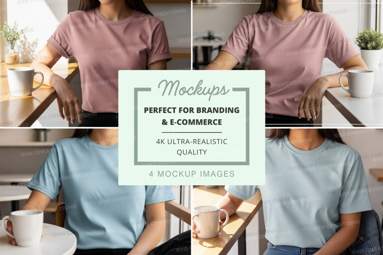 Woman mockup t-shirt display kitchen lifestyle minimalist
