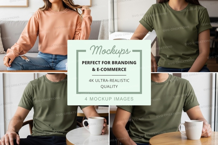 Woman and man t-shirt mockup on sofa with coffee