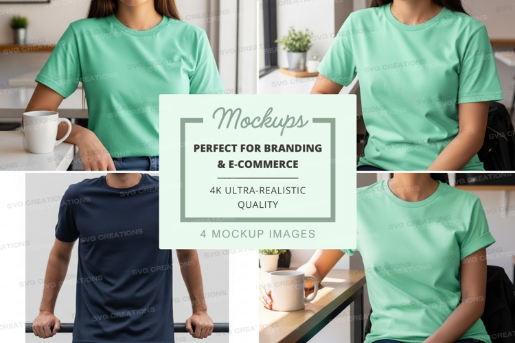 Woman t-shirt mockup kitchen lifestyle minimalist green