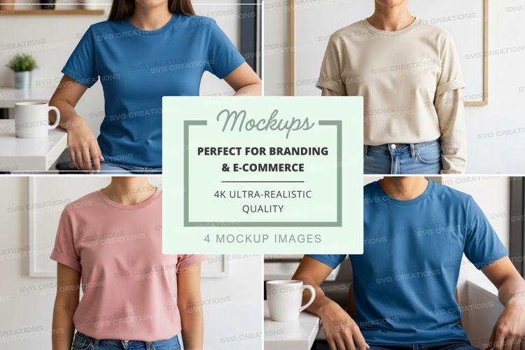 Casual t-shirt mockup on man and woman in kitchen