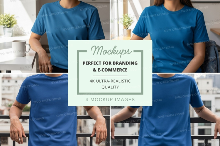 Blue t-shirt mockup couple leaning balcony urban lifestyle