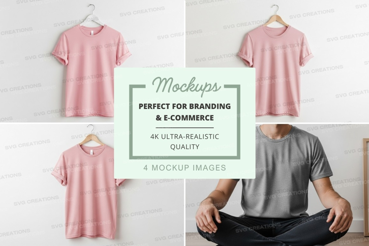 Pink and gray t-shirt mockup on hanger and model