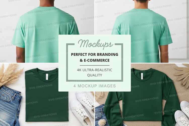 Men's green t-shirt mockup on bed with jeans and palm example image 1
