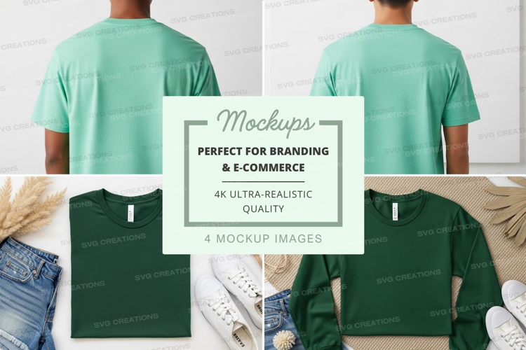 Men's green t-shirt mockup on bed with jeans and palm