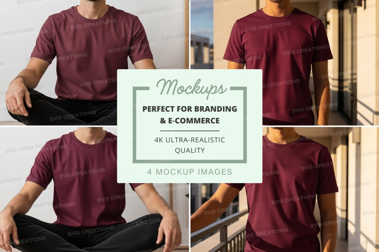 Man in burgundy t-shirt mockup on balcony
