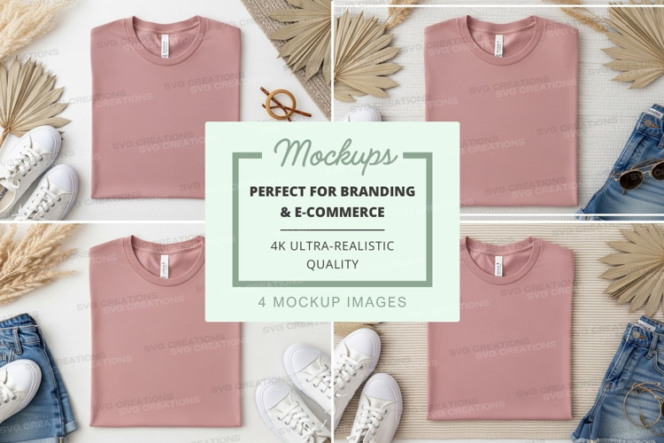 Pink t-shirt mockup on lifestyle flat lay with accessories