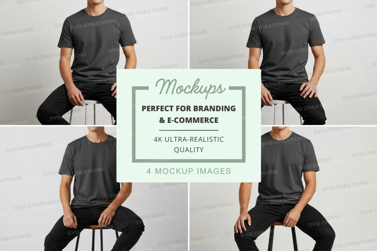 Man in black shirt mockup sitting with white hat on stool