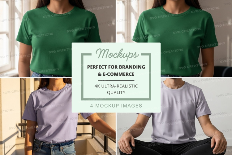 Woman t-shirt mockup green gray indoor lifestyle