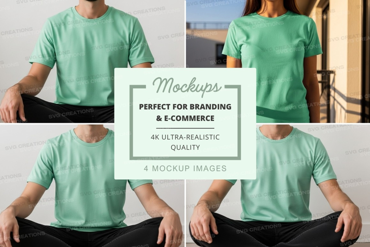 Woman meditating in green shirt mockup outdoor calm