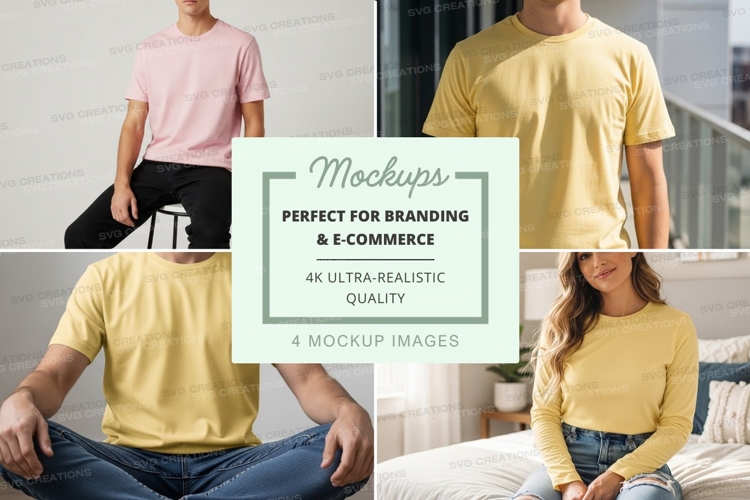 T-shirt mockup casual man woman indoor lifestyle yellow pink