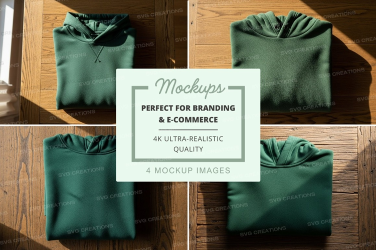 Green fabric mockup on wooden shelves display minimalist