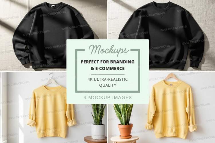 Black and beige sweatshirt mockup on hanger with plants