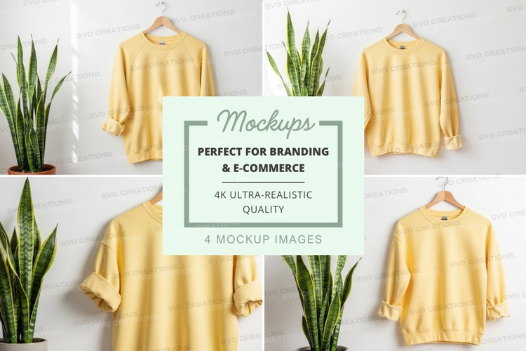 Yellow sweater mockup on hanger with green plants minimalist