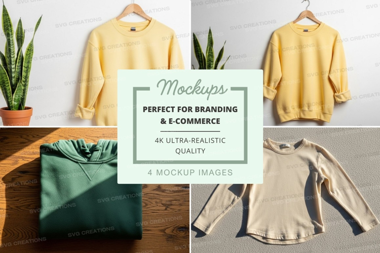 Minimalist sweater mockup on wooden shelf with plants