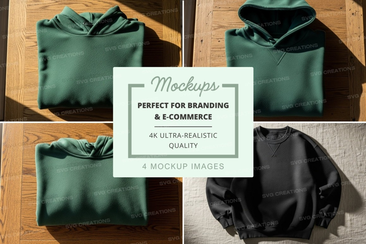 Green and black hoodie mockup on wooden surface minimalist d