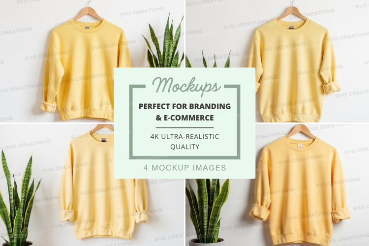Yellow oversized sweater mockup with indoor plants minimalis