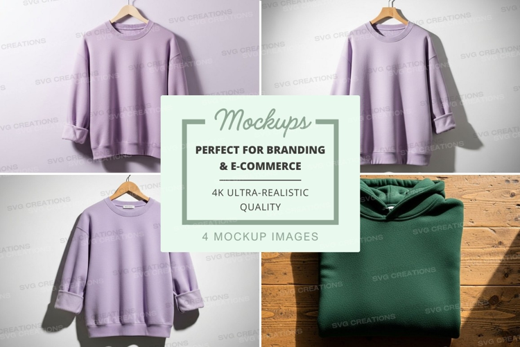 Lavender sweatshirt mockup on wooden hanger minimalist displ