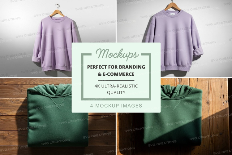 Lavender sweater mockup on wooden hanger with green pillow