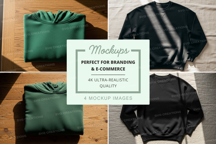 Green and black hoodie mockup on wooden surface