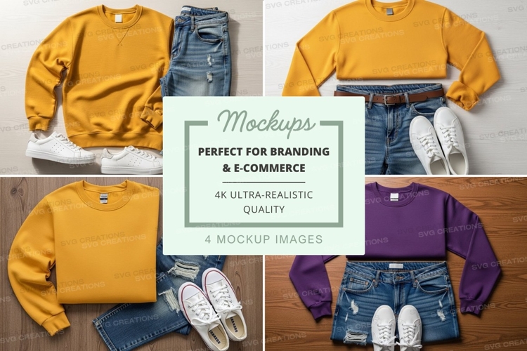 Clothing mockup set with jeans and sneakers on wood