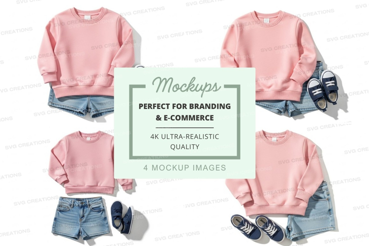 Pink sweatshirt mockup with jeans and sneakers flat lay