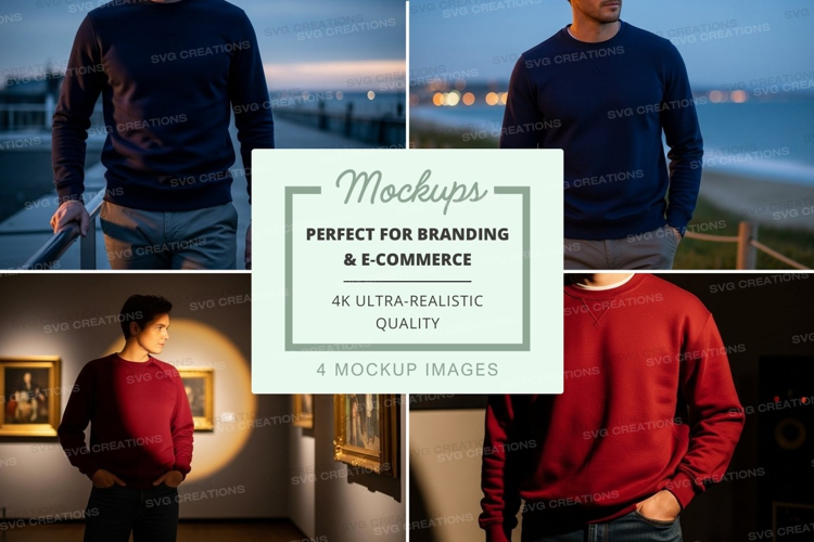 Man mockup sweater walking city art gallery evening