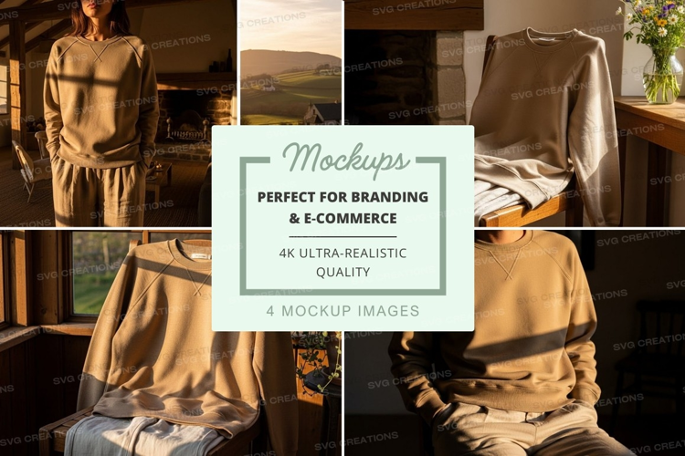 Clothing mockup display on wooden shelf sunset view