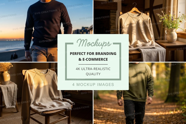 Clothing mockup display on wooden deck by ocean sunset