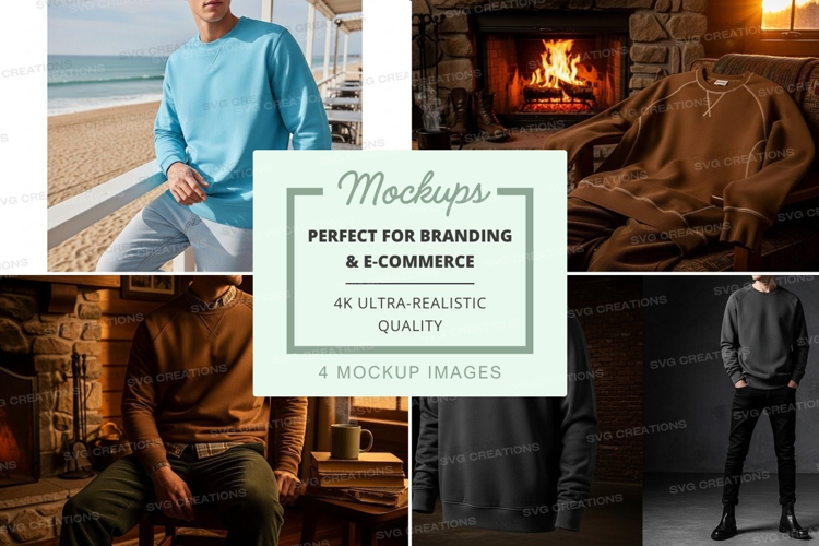 Man relaxing in cozy sweater mockup by fireplace