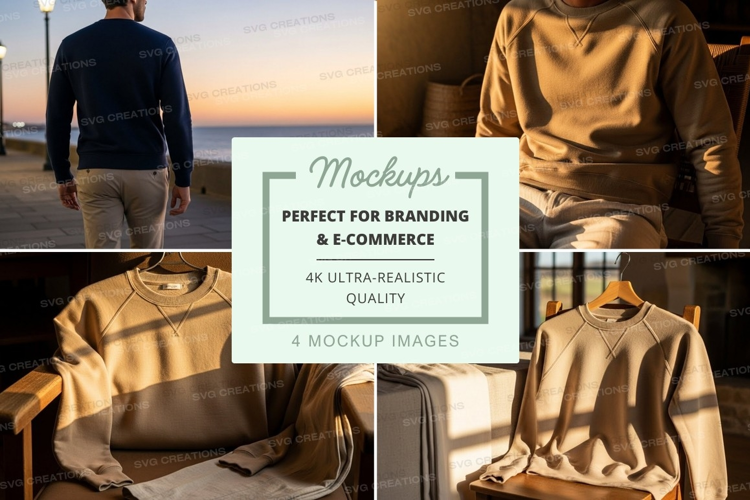 Men's sweater mockup on wooden chair by ocean sunset view