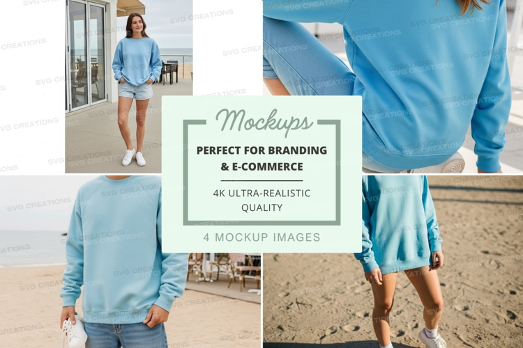 Woman jumping mockup blue sweater beach lifestyle