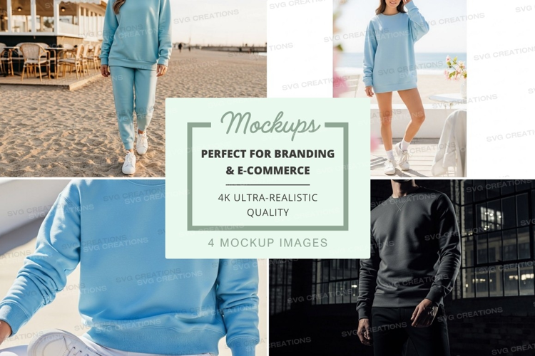 Woman wearing light blue sweater mockup on beach and boat