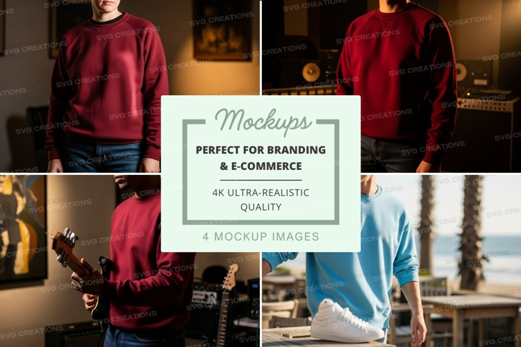 Woman wearing sweater mockup in home studio setup