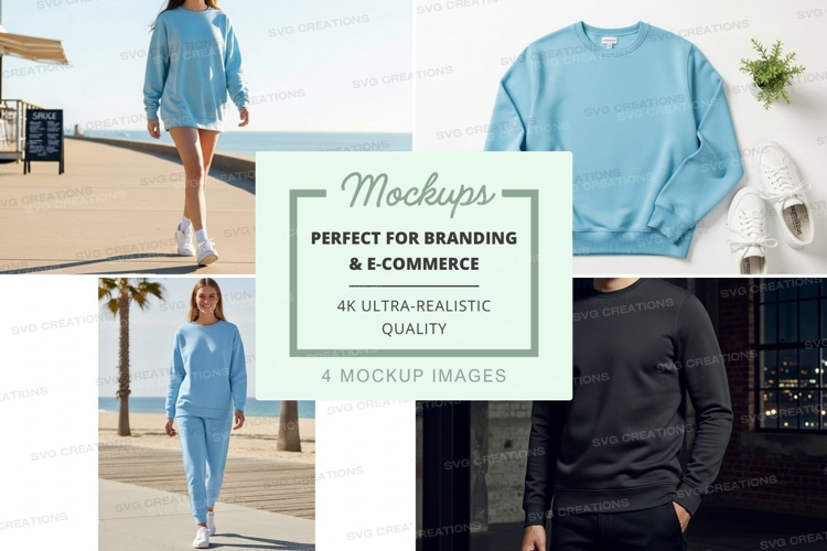 Woman in blue sweatshirt mockup on wooden deck by sea