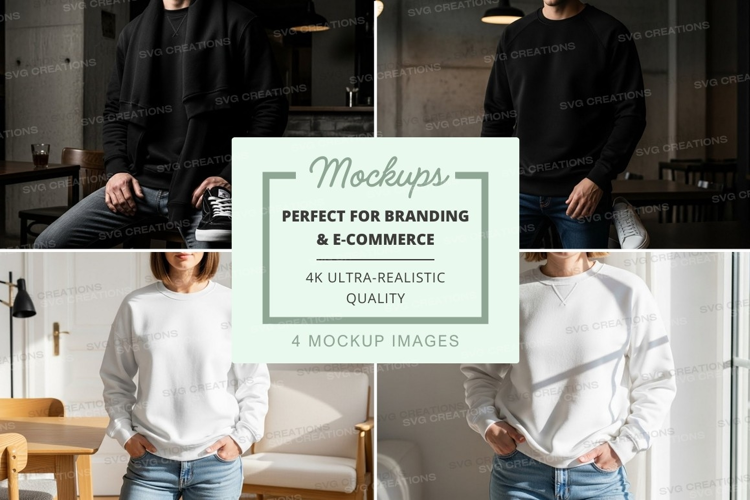 Woman wearing black sweatshirt mockup indoor lifestyle
