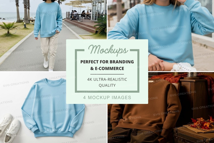 Woman wearing oversized light blue sweater mockup on street