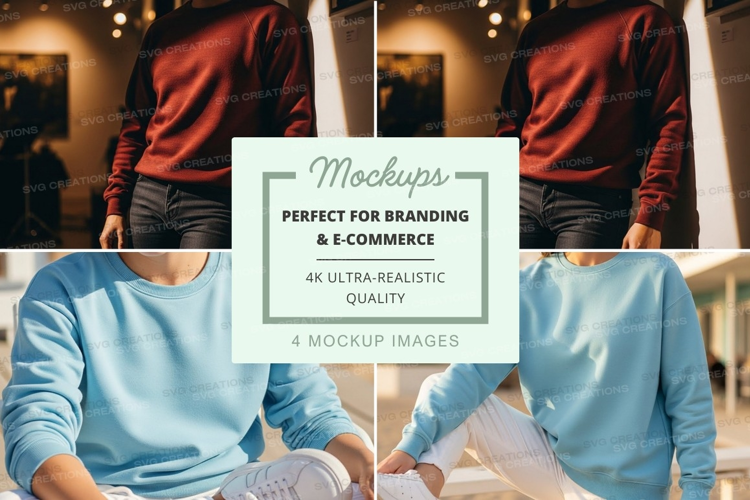 Woman trying blue sweater clothing store mirror mockup