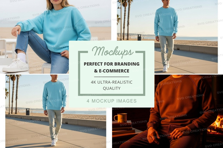 Woman mockup walking on pier in blue sweater by ocean
