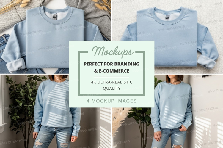 Light blue women's sweatshirt mockup on hanger and model