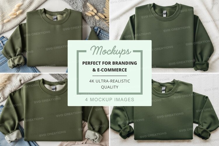 Green sweatshirt mockup on wooden hanger flat lay minimal example image 1
