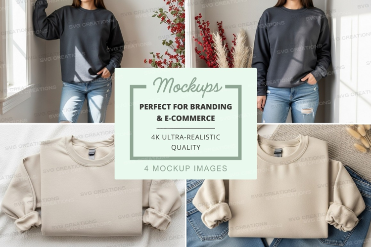 Woman wearing oversized sweater mockup on jeans by window