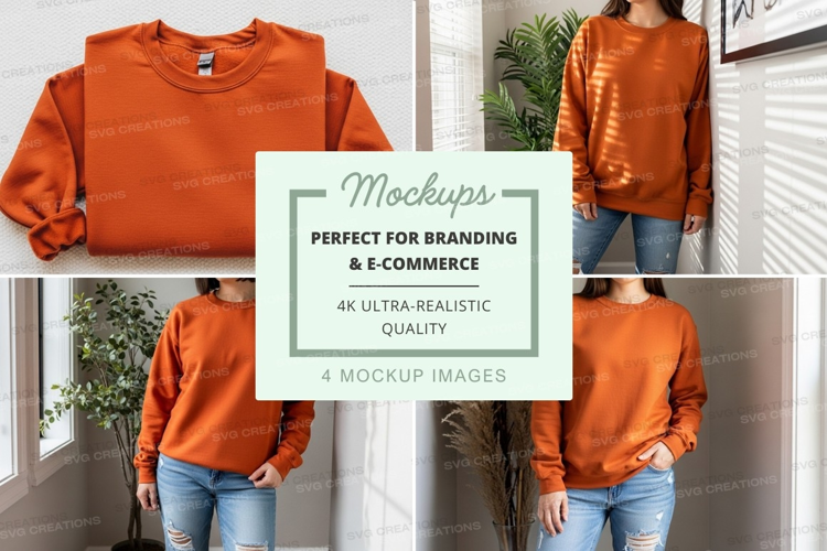 Woman wearing orange sweatshirt mockup indoor lifestyle